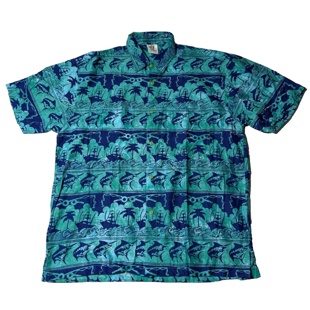 RUM REGGAE Men Large Blue Green Cotton MARLIN Fishing Boat AOP‎ Hawaiian Shirt